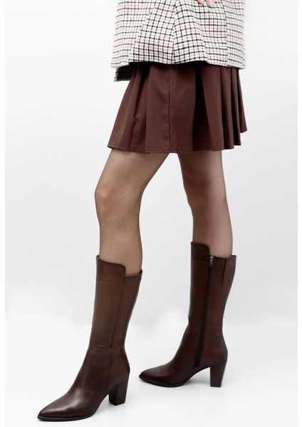 Kadın Kahve Sivri Burun Kalın Topuklu Hakiki Deri Çizme fiyatları