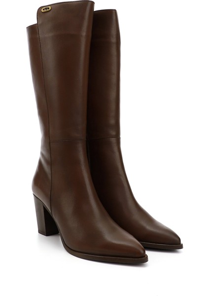 Kadın Kahve Sivri Burun Kalın Topuklu Hakiki Deri Çizme modelleri