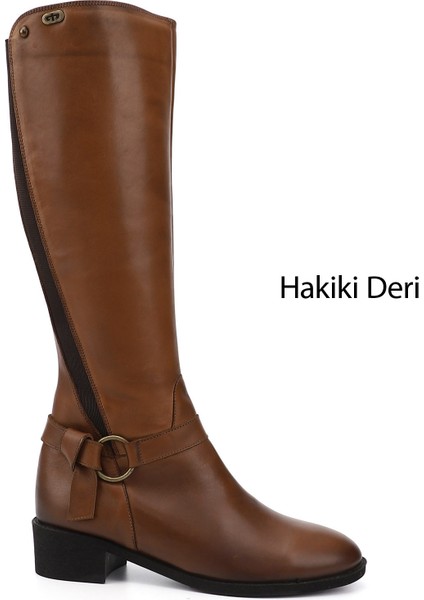 Kadın Taba Antik Fermuarlı Kalın Topuklu Hakiki Deri Çizme