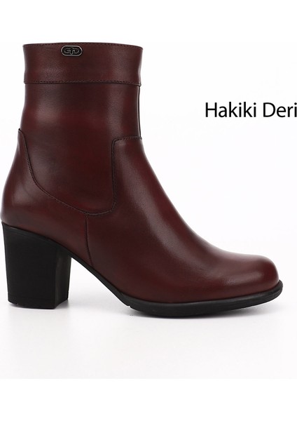 Kadın Antik Bordo Fermuarlı Kalın Topuklu Hakiki Deri Bot