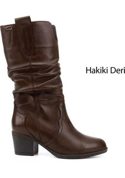 Kadın Kahve Antik Kalın Topuklu Körüklü Hakiki Deri Çizme