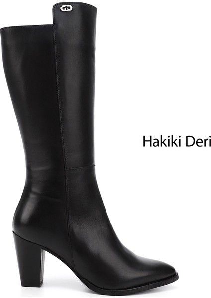 Kadın Siyah Sivri Burun Kalın Topuklu Hakiki Deri Çizme