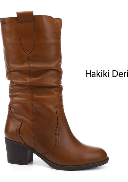 Kadın Taba Antik Kalın Topuklu Körüklü Hakiki Deri Çizme