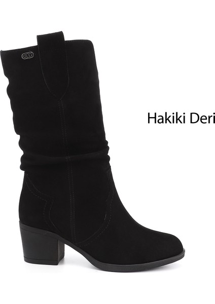 Kadın Siyah Deri Kalın Topuklu Körüklü Hakiki Deri Çizme