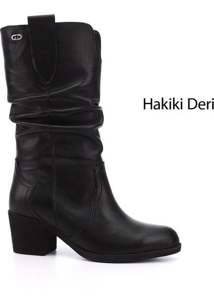 Kadın Siyah Kalın Topuklu Körüklü Hakiki Deri Çizme