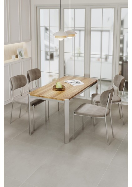 Nexa Demir Metal Ayaklı 70X120 Sabit Masa Yemek Odası Takımı, Mutfak Takımı 4 Adet Sandalye