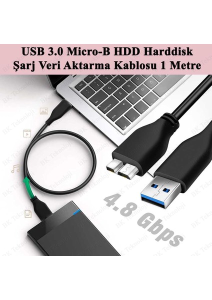 USB 3.0 Micro-B HDD Harddisk Şarj Veri Aktarma Kablosu 1 Metre indirimleri
