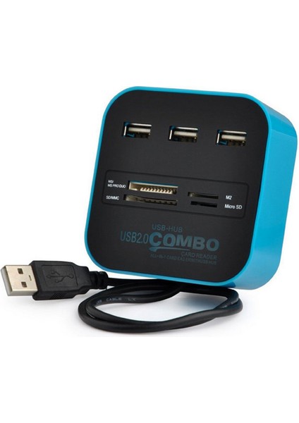 3 Port USB 2.0 Çoklayıcı Hub + Çoklu Kart Okuyucu (Mavi)