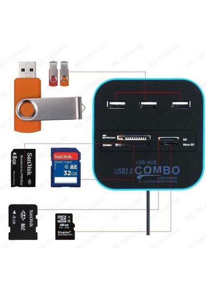 3 Port USB 2.0 Çoklayıcı Hub + Çoklu Kart Okuyucu (Mavi) fiyatları