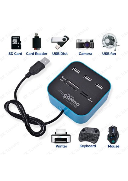 3 Port USB 2.0 Çoklayıcı Hub + Çoklu Kart Okuyucu (Mavi) modelleri