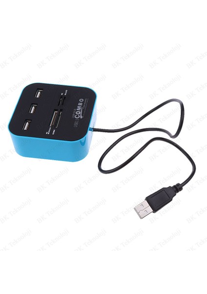 3 Port USB 2.0 Çoklayıcı Hub + Çoklu Kart Okuyucu (Mavi)
