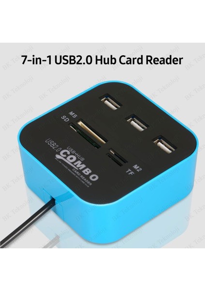 3 Port USB 2.0 Çoklayıcı Hub + Çoklu Kart Okuyucu (Mavi)