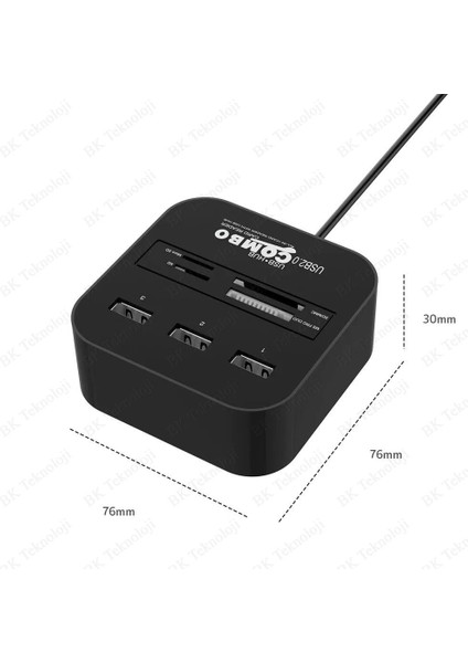 3 Port USB 2.0 Çoklayıcı Hub + Çoklu Kart Okuyucu (Mavi)