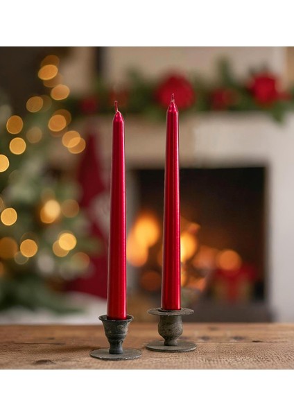 2'li Premium Metalik Kırmızı Şamdan Mumu 25 cm