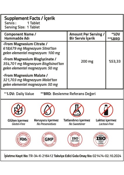 Magnezyum Complex Bisglycinate Sitrat Malat 200 Mg 60 Tablets modelleri