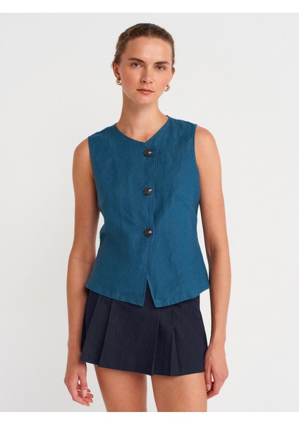 60594 Düğmeli Kruvaze Üst Yelek-Petrol