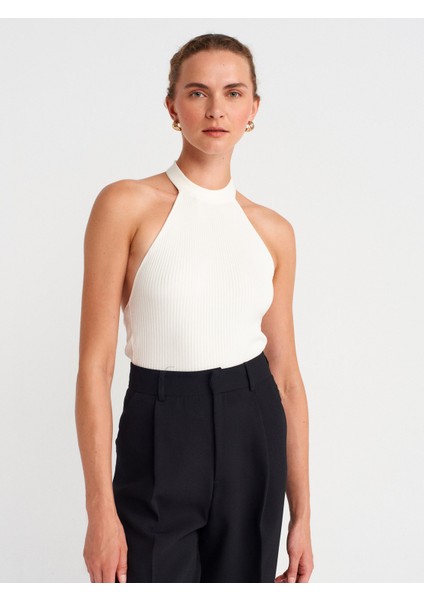 10798 Halter Bağlamalı Yaka Fitilli Triko Bluz-Ekru