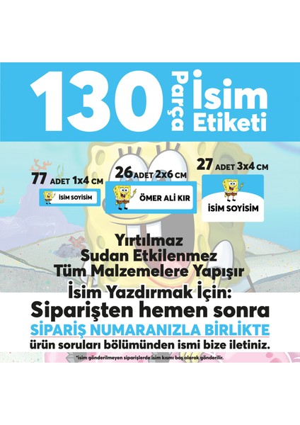Okul Etiketi Kalem Defter Etiketi Süngerbob Özel Isim Yazılabilen Etiket - 130 Adet fiyatları