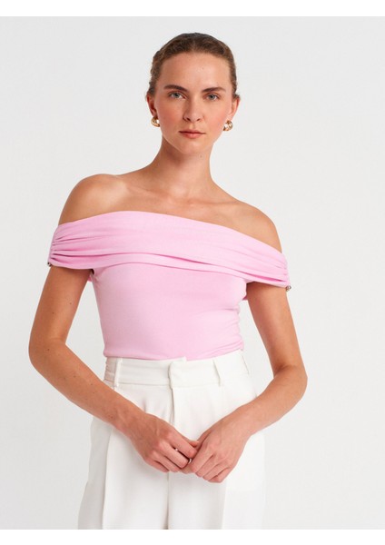 10797 Bardot Yaka Metal Detaylı Triko Bluz-Pembe