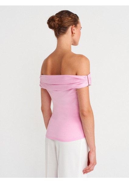 10797 Bardot Yaka Metal Detaylı Triko Bluz-Pembe fiyatları