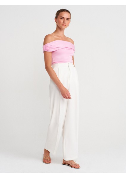 10797 Bardot Yaka Metal Detaylı Triko Bluz-Pembe fırsatları