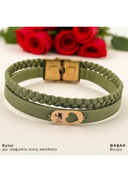 Altın Plakalı 14 Ayar Başak Burçları Için Doğal Yeşil Derili Kalp Motifli Hediye BILEKLIK-556BURÇ fiyatları