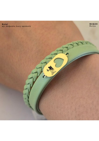 Altın Plakalı 14 Ayar Başak Burçları Için Doğal Yeşil Derili Kalp Motifli Hediye BILEKLIK-556BURÇ fırsatları