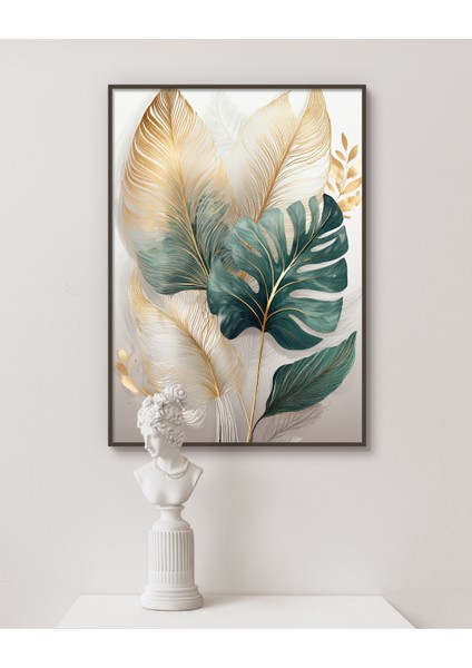 Metal Çerçeveli Gerçek Camlı Tablo , Dijital Baskı, Soyut Tablo, Monstera ,salon , Ofis Dekorasyon