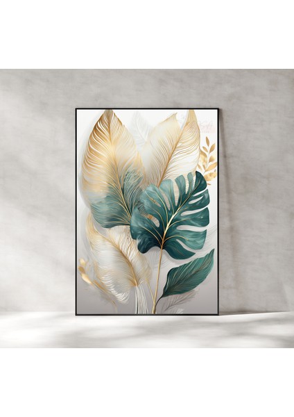 Metal Çerçeveli Gerçek Camlı Tablo , Dijital Baskı, Soyut Tablo, Monstera ,salon , Ofis Dekorasyon