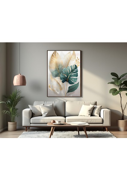 Metal Çerçeveli Gerçek Camlı Tablo , Dijital Baskı, Soyut Tablo, Monstera ,salon , Ofis Dekorasyon