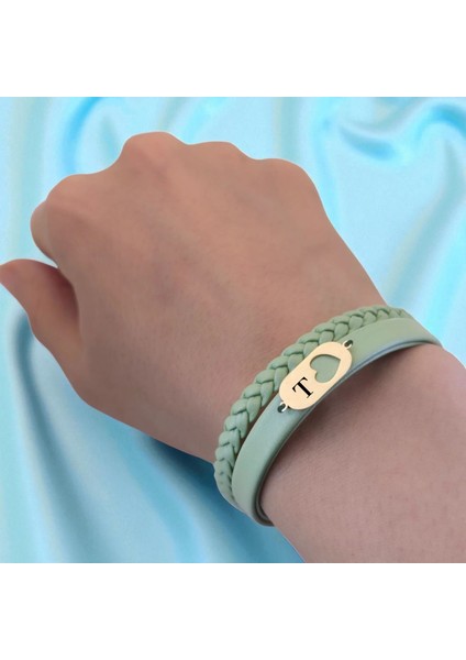 14 Ayar Altın Plakalı T Harfine Özel Zeytin Yeşili Derili Kalp Motifli Hediye BILEKLIK-556HARF