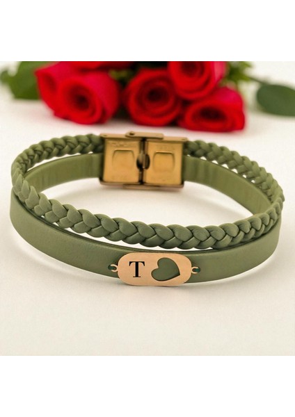 14 Ayar Altın Plakalı T Harfine Özel Zeytin Yeşili Derili Kalp Motifli Hediye BILEKLIK-556HARF fiyatları
