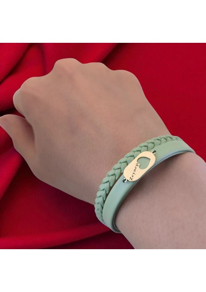 14 Ayar Plakalı Altın Zeynep Ismine Özel Zeytin Yeşili Derili Kalp Motifli Hediye BILEKLIK-556ISIM