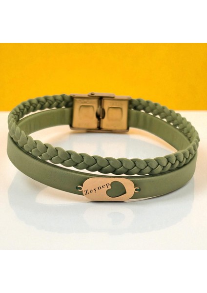 14 Ayar Plakalı Altın Zeynep Ismine Özel Zeytin Yeşili Derili Kalp Motifli Hediye BILEKLIK-556ISIM fiyatları