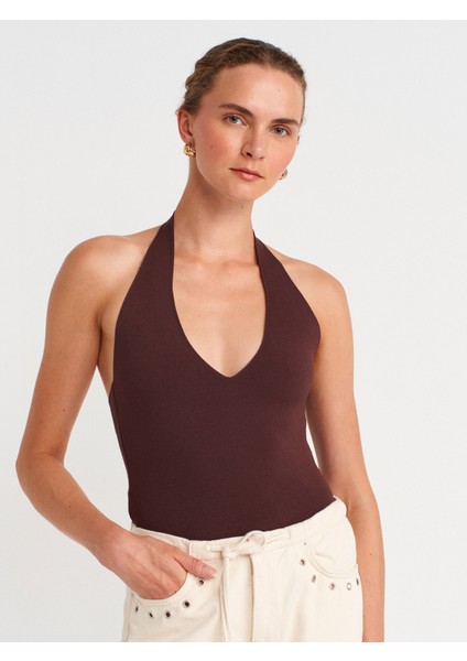 10794 Halter V Yaka Basıc Bluz-Kahve