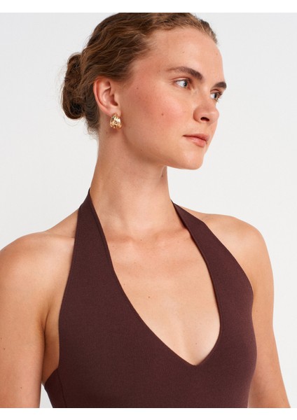 10794 Halter V Yaka Basıc Bluz-Kahve modelleri