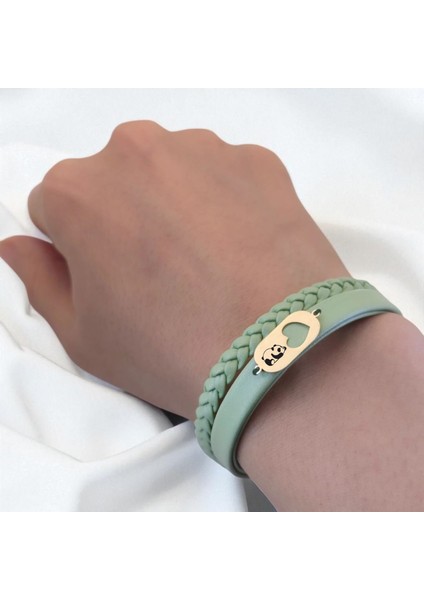 14 Ayar Altın Plakalı Panda Temalı Zeytin Yeşili Derili Kalp Motifli Hediye BILEKLIK-556SEMBOL