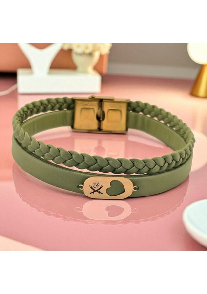 14 Ayar Altın Plakalı Hz Ali Temalı Zeytin Yeşili Derili Kalp Motifli Hediye BILEKLIK-556SEMBOL fiyatları