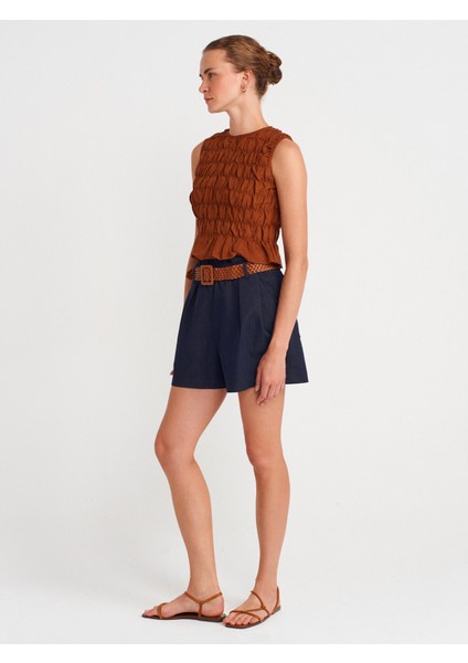 72158 Örgü Kemerli Mini Şort-Lacivert