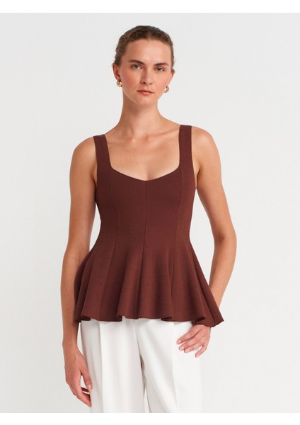 31973 Peplum Streç Top-Açık Kahve