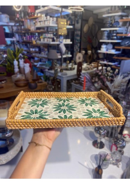 Yeşil Çiçek Dikdörtgen Rattan Tepsi 29X20CM