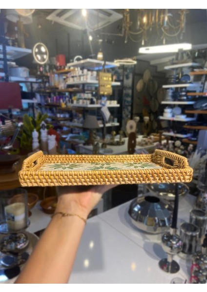 Yeşil Çiçek Dikdörtgen Rattan Tepsi 29X20CM fiyatları