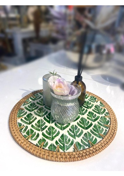 Yeşil Yaprak Rattan Supla/dekoratif Tepsi 30CM