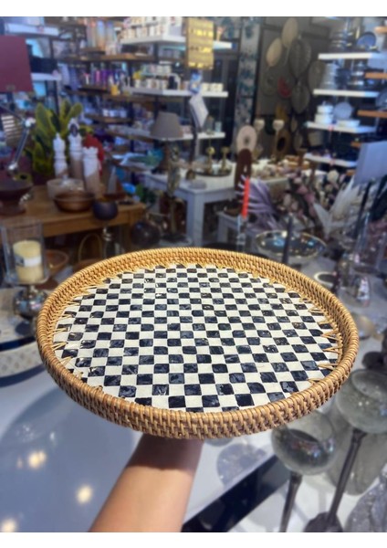 Damalı Yuvarlak Rattan Tepsi 35X3CM