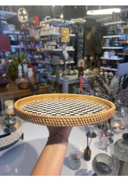 Damalı Yuvarlak Rattan Tepsi 35X3CM fiyatları