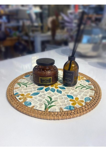 Mavi Sarı Çiçek Rattan Supla/dekoratif Tepsi 30CM