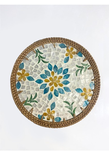 Mavi Sarı Çiçek Rattan Supla/dekoratif Tepsi 30CM fiyatları