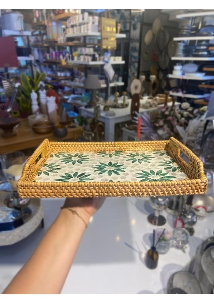 Yeşil Çiçek Dikdörtgen Rattan Tepsi 32X24CM