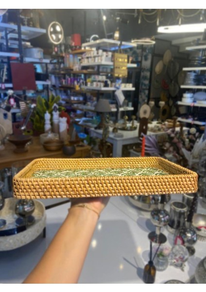 Yeşil Yaprak Desen Rattan Tepsi 38X24CM fiyatları