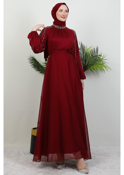 Helen Taşlı Janjan Elbise Bordo